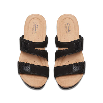 Clarks Calenne Maye 26177042 Womens Black Wide Leather Wedges Sandals Shoes